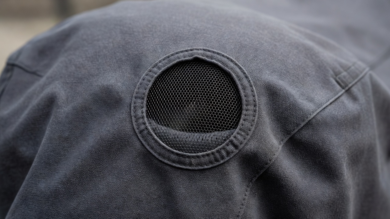 Detail of the fabric and protected ventilation opening on a motorcycle cover