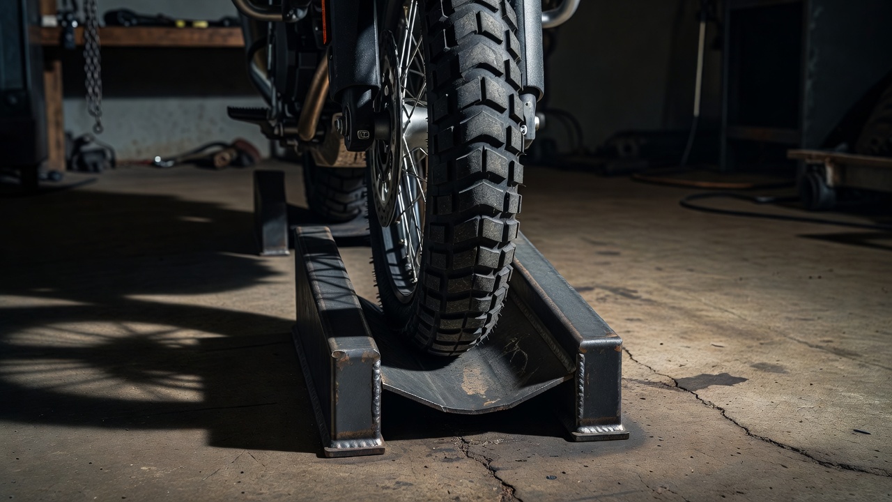 Close-up of a motorcycle front tire positioned between the guides of a wheel chock