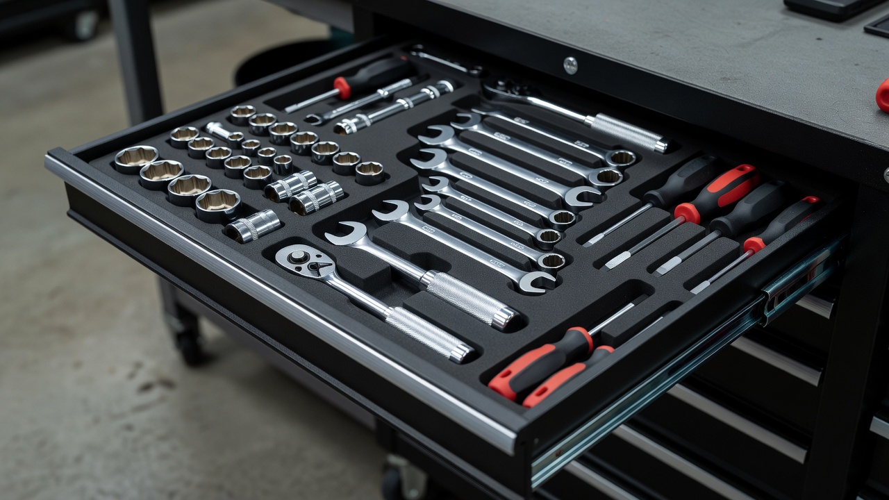 Open workshop drawer with sockets and hand tools arranged in individual marked locations