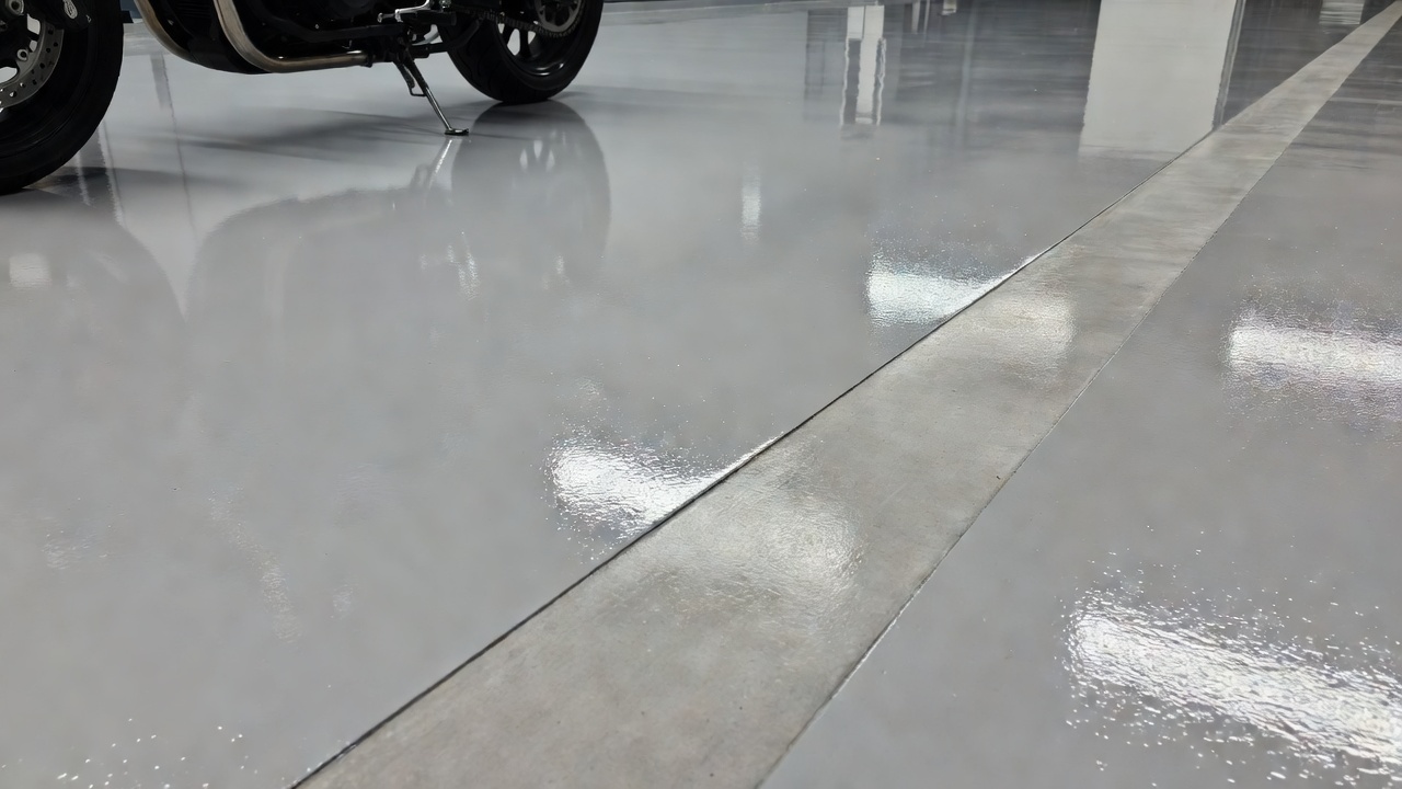Close-up of a clean protected garage floor with a flat transition at the motorcycle parking area